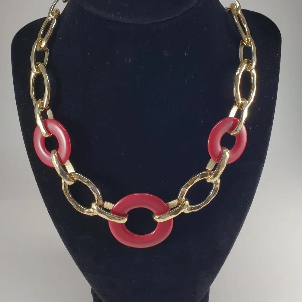 Gold Statement Necklace – Bold Red Burgundy Hoop Design - Women's Jewelry